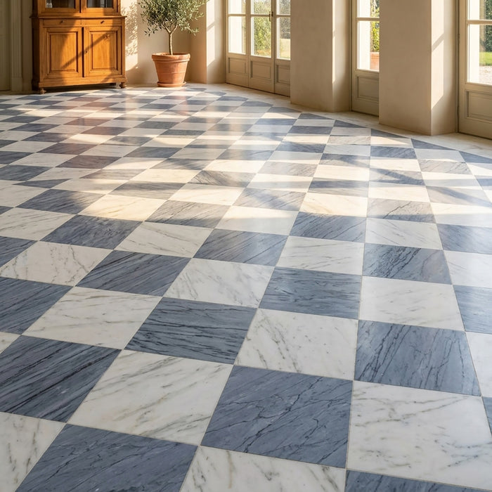 Asian Statuary, Bardiglio Nuv Polished 12x12 Marble Checkerboard Tile