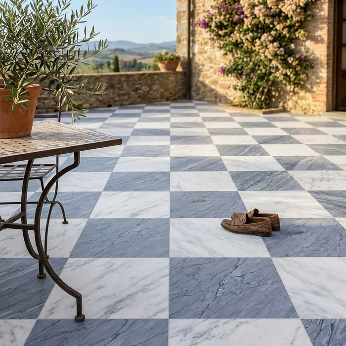 Asian Statuary, Bardiglio Imp Polished 18x18 Marble Checkerboard Tile