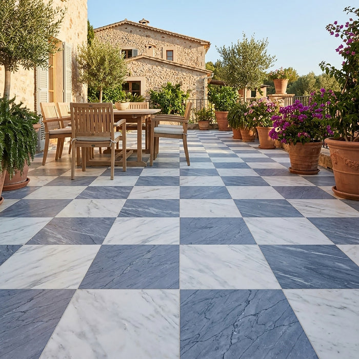 Asian Statuary, Bardiglio Imp Polished 18x18 Marble Checkerboard Tile