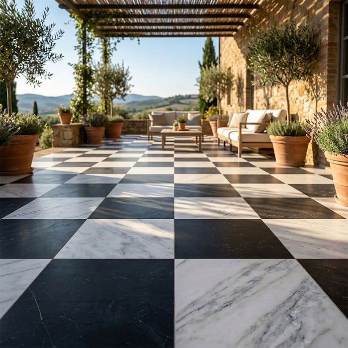 Asian Statuary, Nero Marquina Polished 24x24 Marble Checkerboard Tile