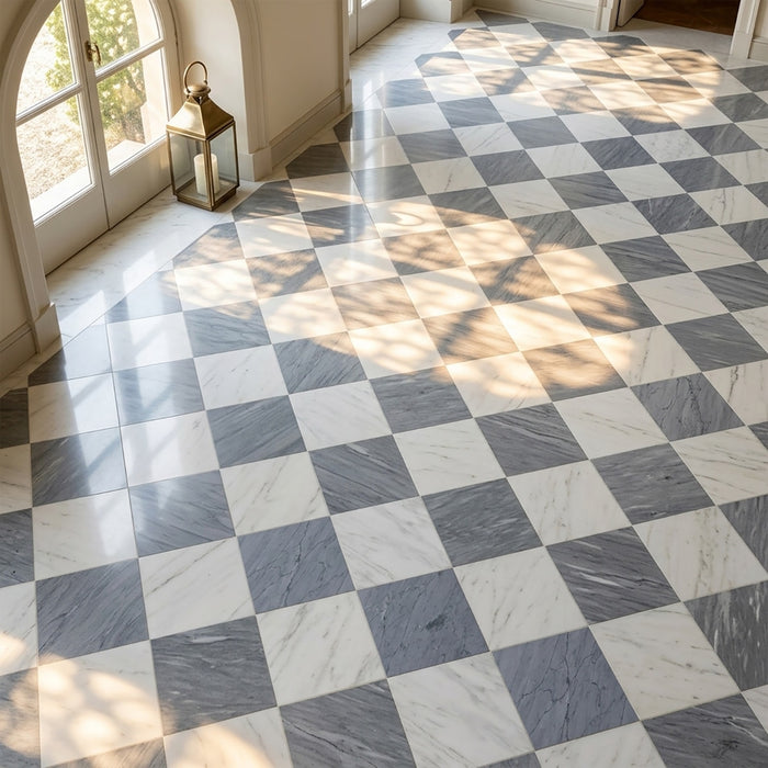 Asian Statuary, Bardiglio Imp Honed 24x24 Marble Checkerboard Tile