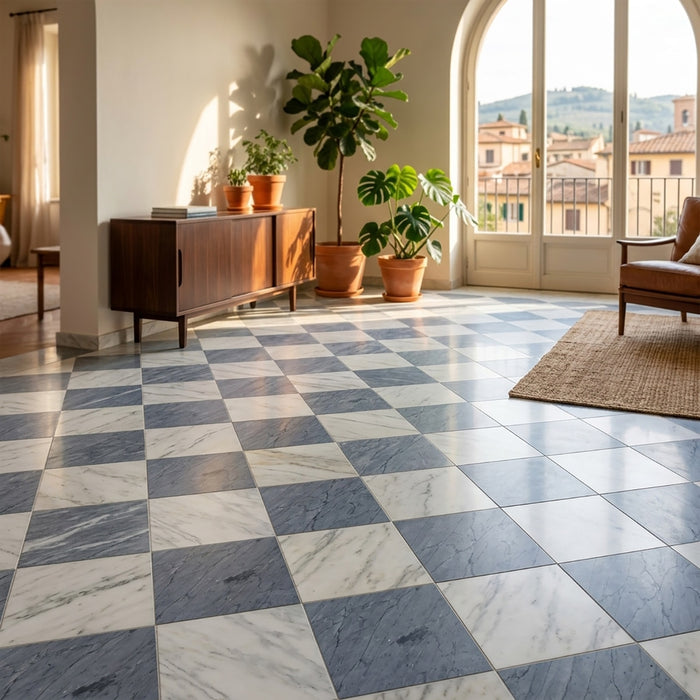Asian Statuary, Bardiglio Imp Honed 24x24 Marble Checkerboard Tile