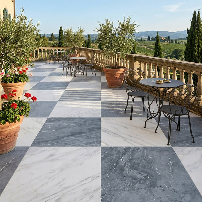 Asian Statuary, Bardiglio Nuv Honed 24x24 Marble Checkerboard Tile