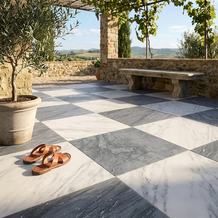 Asian Statuary, Bardiglio Nuv Honed 24x24 Marble Checkerboard Tile