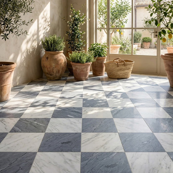 Asian Statuary, Bardiglio Imp Honed 24x24 Marble Checkerboard Tile