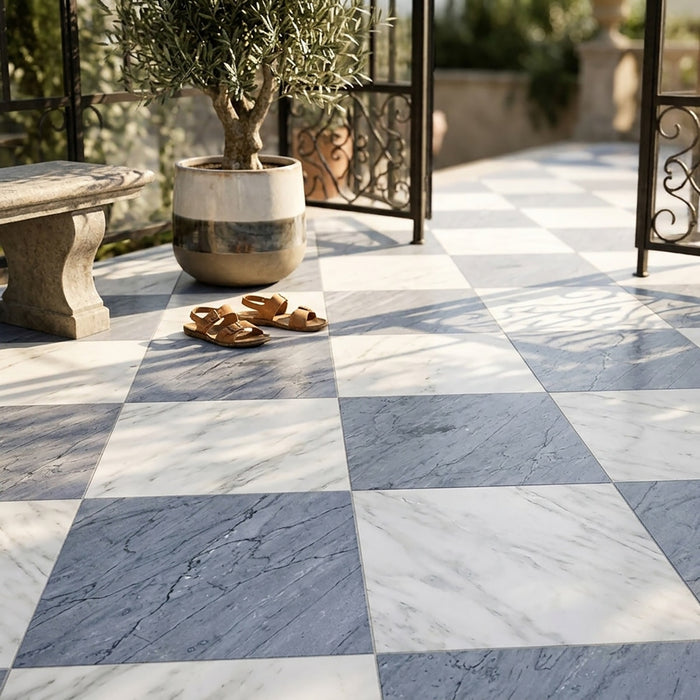 Asian Statuary, Bardiglio Imp Polished 24x24 Marble Checkerboard Tile