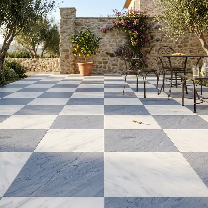 Asian Statuary, Bardiglio Imp Polished 24x24 Marble Checkerboard Tile