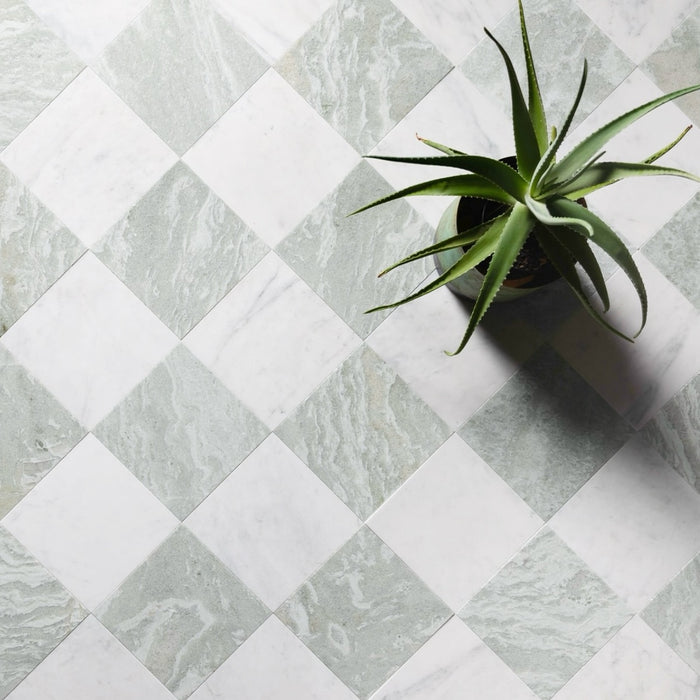 Asian Statuary, Ming Green Polished 12x12 Marble Checkerboard Tile