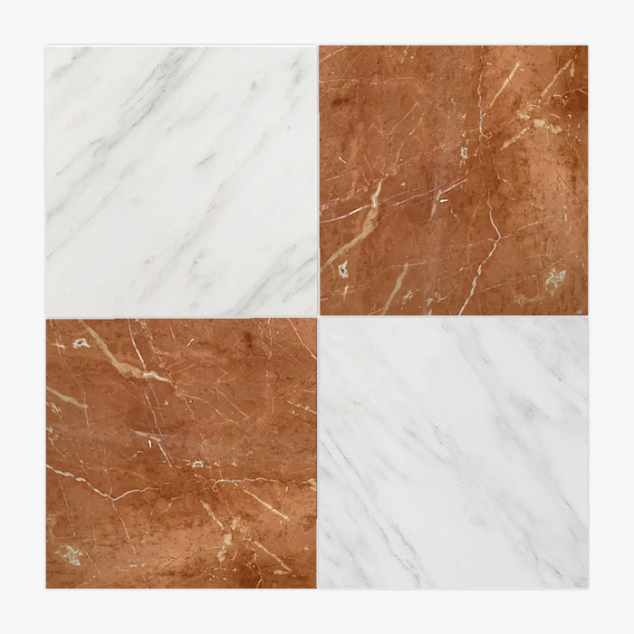 Asian Statuary, Rojo Alicante Polished 12x12 Marble Checkerboard Tile