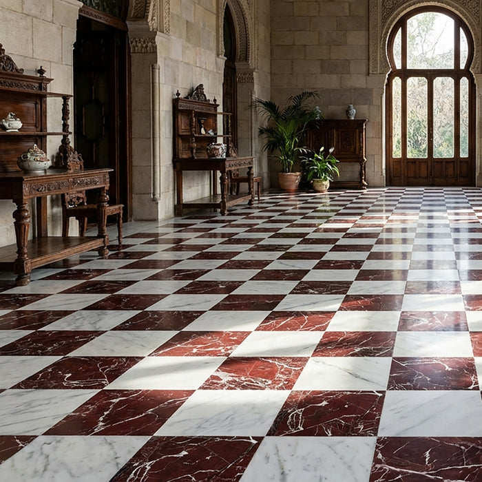 Asian Statuary, Rosso Levanto Polished 12x12 Marble Checkerboard Tile