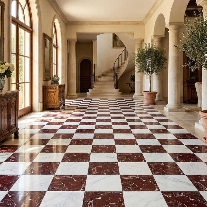 Asian Statuary, Rosso Levanto Polished 12x12 Marble Checkerboard Tile