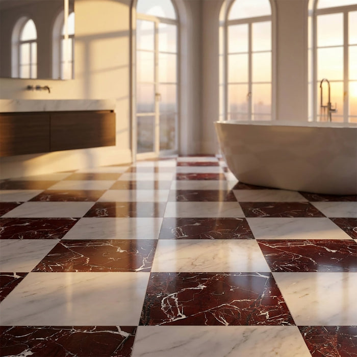 Asian Statuary, Rosso Levanto Polished 12x12 Marble Checkerboard Tile