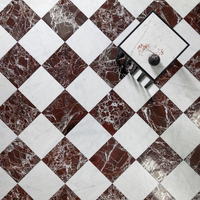 Asian Statuary, Rosso Levanto Polished 12x12 Marble Checkerboard Tile