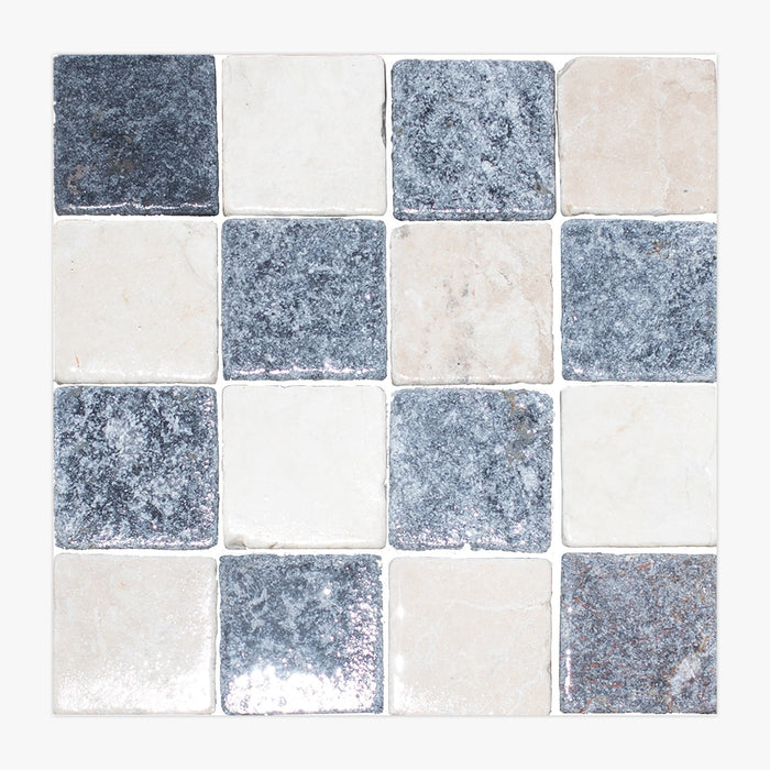 Botticino, Nero Marquina Tumbled 4x4 Marble Checkerboard Tile