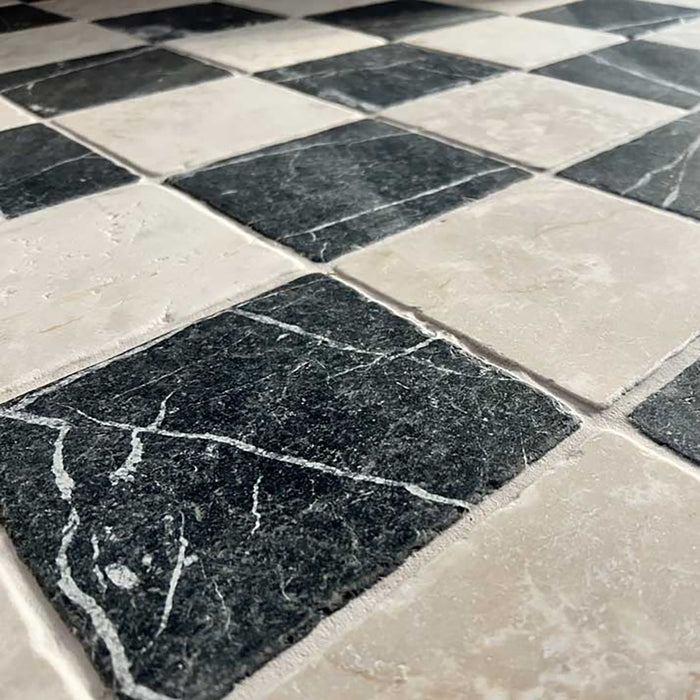Botticino, Nero Marquina Tumbled 4x4 Marble Checkerboard Tile