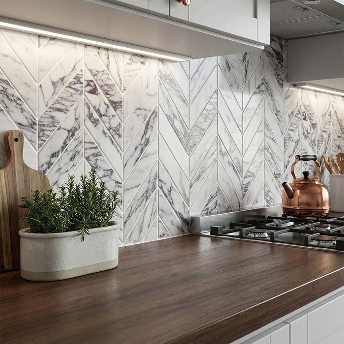 Calacatta Violette Monet Honed 2x8 Chevron Marble Mosaic