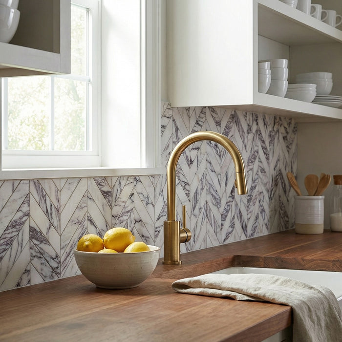 Calacatta Violette Monet Honed 2x8 Chevron Marble Mosaic