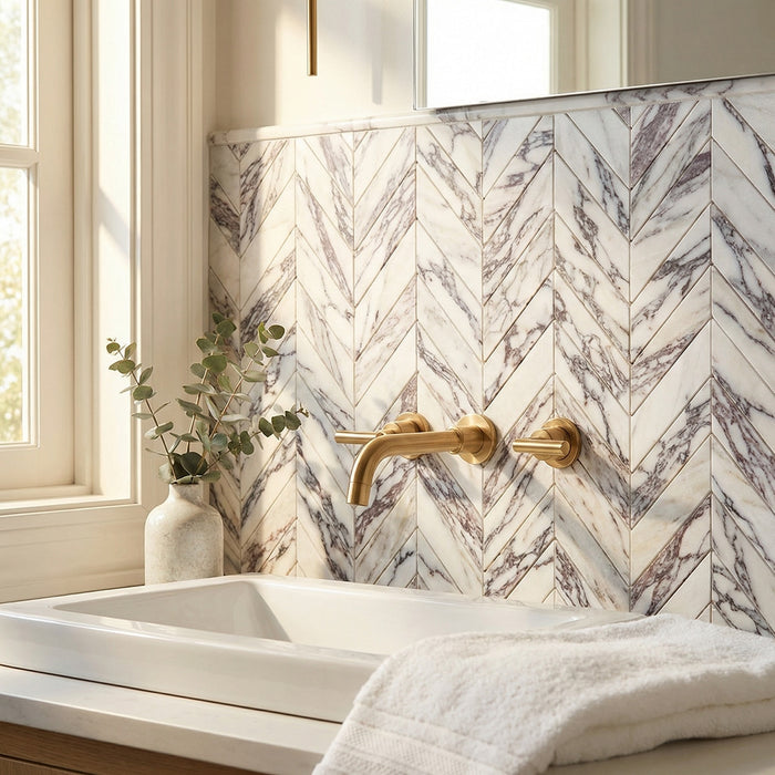 Calacatta Violette Monet Polished 2x8 Chevron Marble Mosaic