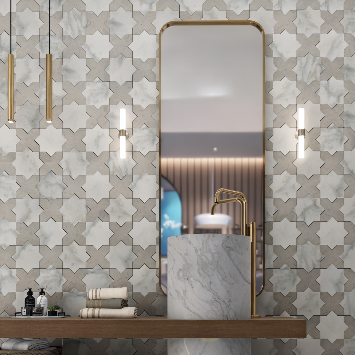 Calacatta Oliva,Thala Grey Honed Star and Cross Marble Mosaic — Palazzo ...