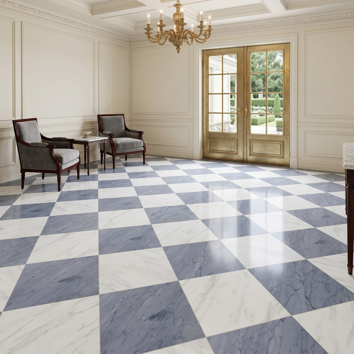 Asian Statuary, Bardiglio Imp Polished 24x24 Marble Checkerboard Tile