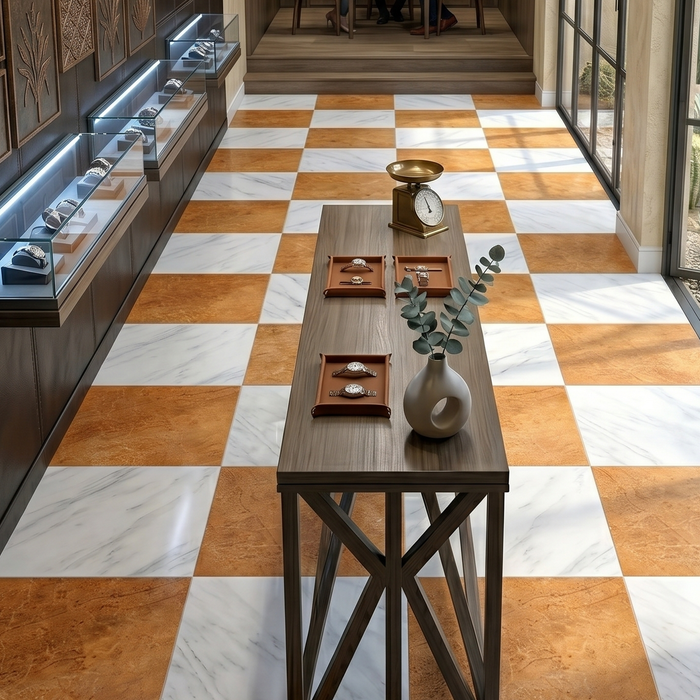 Asian Statuary, Giallo Marone Polished 12x12 Marble Checkerboard Tile