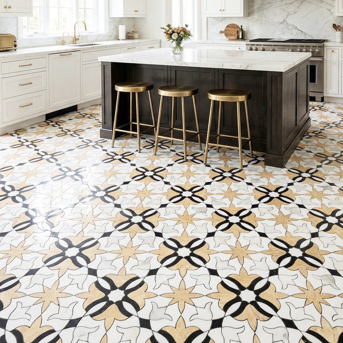 Calacatta Oliva, Calacatta Sunset Honed Floral Marble Mosaic