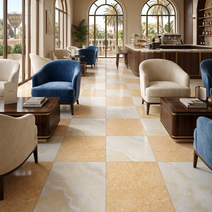 Jerusalem Gold Honed , White Onyx Polished 12x12  Checkerboard Tile
