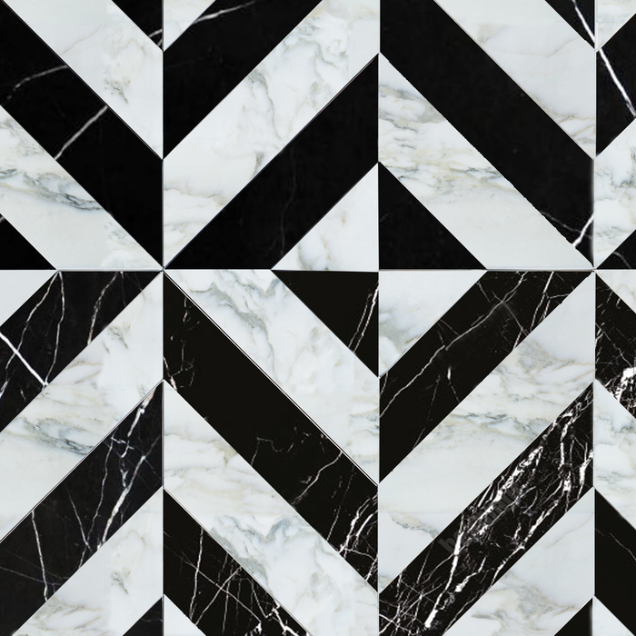 Calacatta Oliva, Black Honed Marine Chevron Marble Mosaic