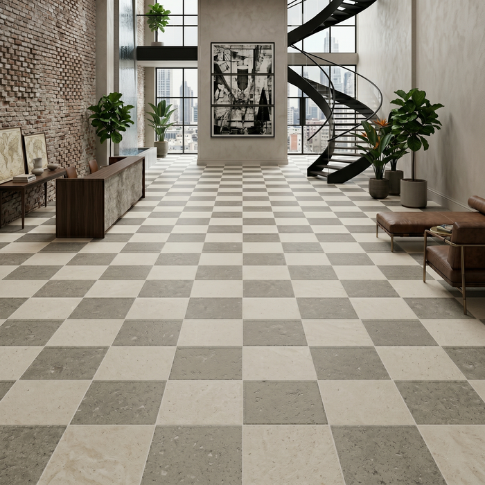 Perlino Crema, Nova Grey Honed 12x12 Limestone Checkerboard Tile