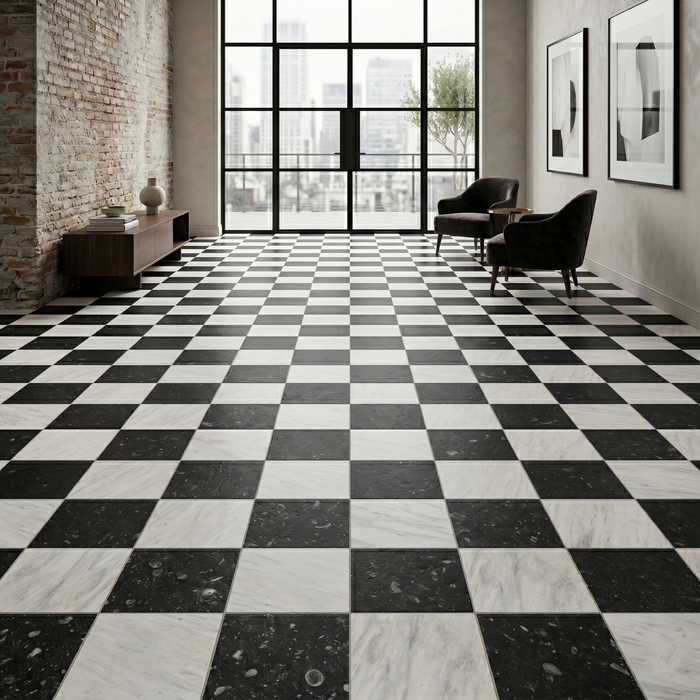 Asian Statuary, Petite Granite Antiqued 18x18 Marble Checkerboard Tile