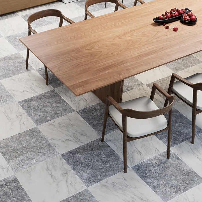 Arabescato, Tundra Grey Antiqued 12x12 Marble Checkerboard Tile