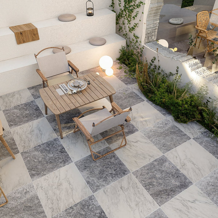 Arabescato, Tundra Grey Antiqued 12x12 Marble Checkerboard Tile