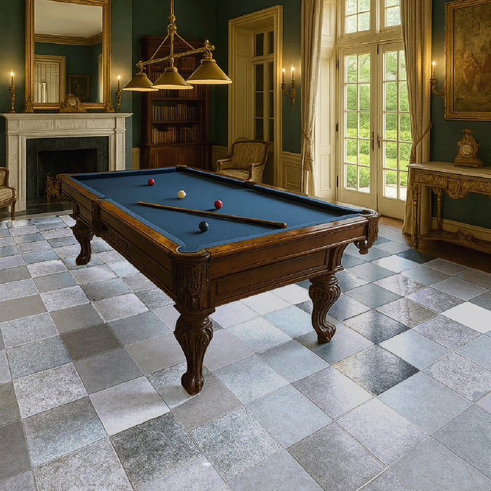 Antique Black, Blue Lagoon Antiqued 16x16 Marble Checkerboard Tile