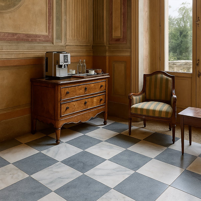 Calacatta Oliva, Antique Black Antiqued 16x16 Marble Checkerboard Tile