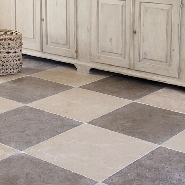 Porto Beige, Nova Blue Antiqued 16x16 Limestone Checkerboard Tile
