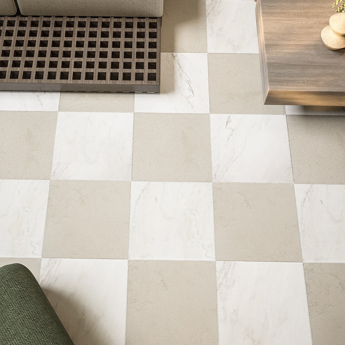 Porto Beige, Calacatta PT Antiqued 16x16 Limestone Checkerboard Tile