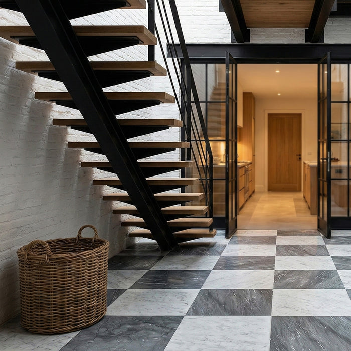 White Carrara, Bardiglio Nuv Honed 18x18 Marble Checkerboard Tile