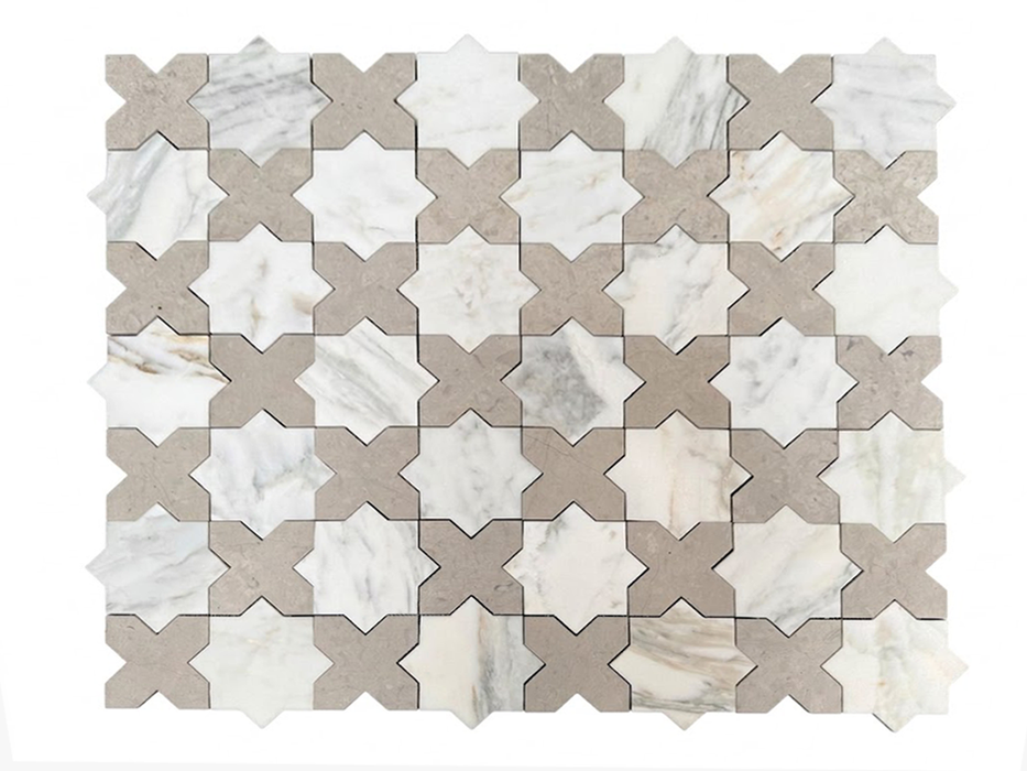 Calacatta Oliva,Thala Grey Honed Star and Cross Marble Mosaic