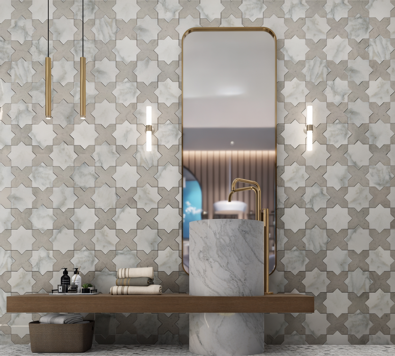 Calacatta Oliva,Thala Grey Honed Star and Cross Marble Mosaic