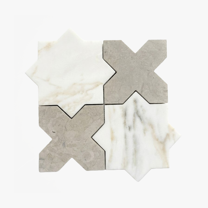 Calacatta Oliva,Thala Grey Honed Star and Cross Marble Mosaic