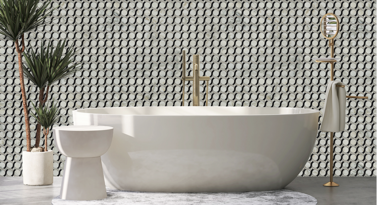 Calacatta Oliva, Thala Grey Honed Diamond Ring Marble Mosaic