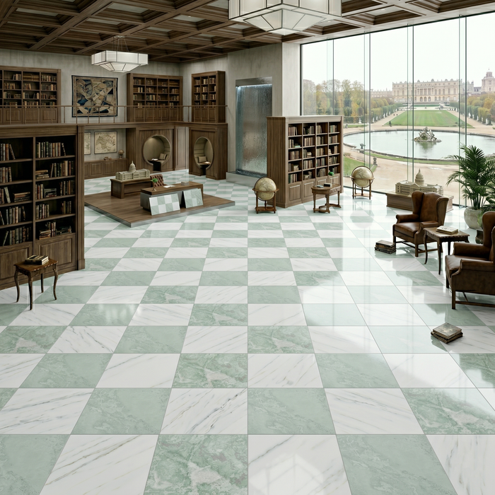 Thassos White, Ming Green Polished 12x12 Marble Checkerboard Tile