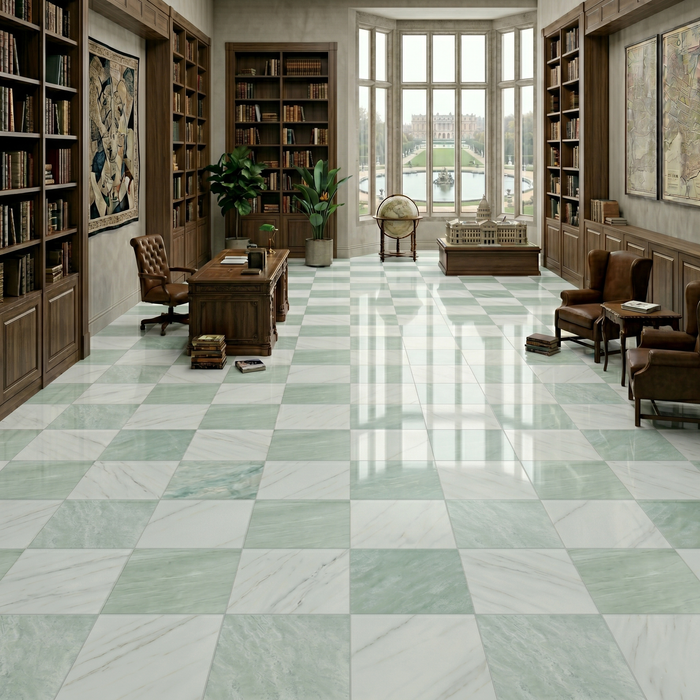 Thassos White, Ming Green Honed 12x12 Marble Checkerboard Tile