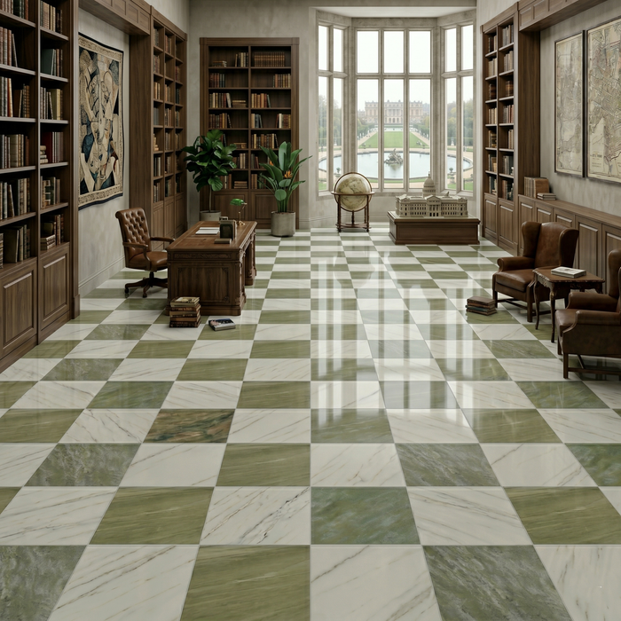 Asian Statuary, Verde Luna Polished 12x12 Marble Checkerboard Tile