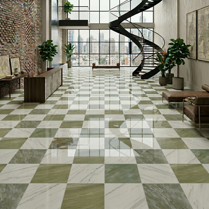 Asian Statuary, Verde Luna Honed 12x12 Marble Checkerboard Tile